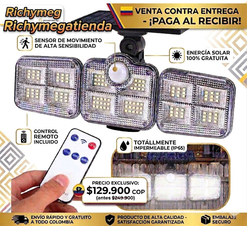 ¡Protege e ilumina tu hogar SIN gastar energía! Lampara Led Solar 3 Cabezales